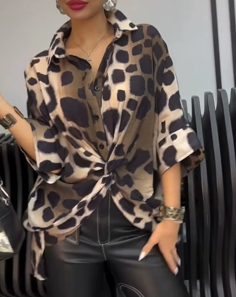 Leopard Print Oversized Blouse – Turn-Down Collar Button Front Shirt, Autumn Fashion Top