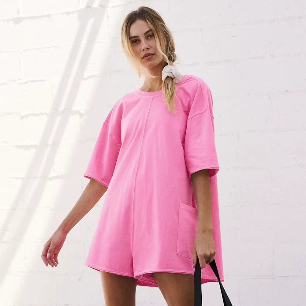 Women’s Oversized Hot Shot Tee Romper – Summer Casual Jumpsuit with Pockets