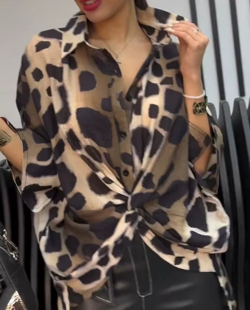 Leopard Print Oversized Blouse – Turn-Down Collar Button Front Shirt, Autumn Fashion Top