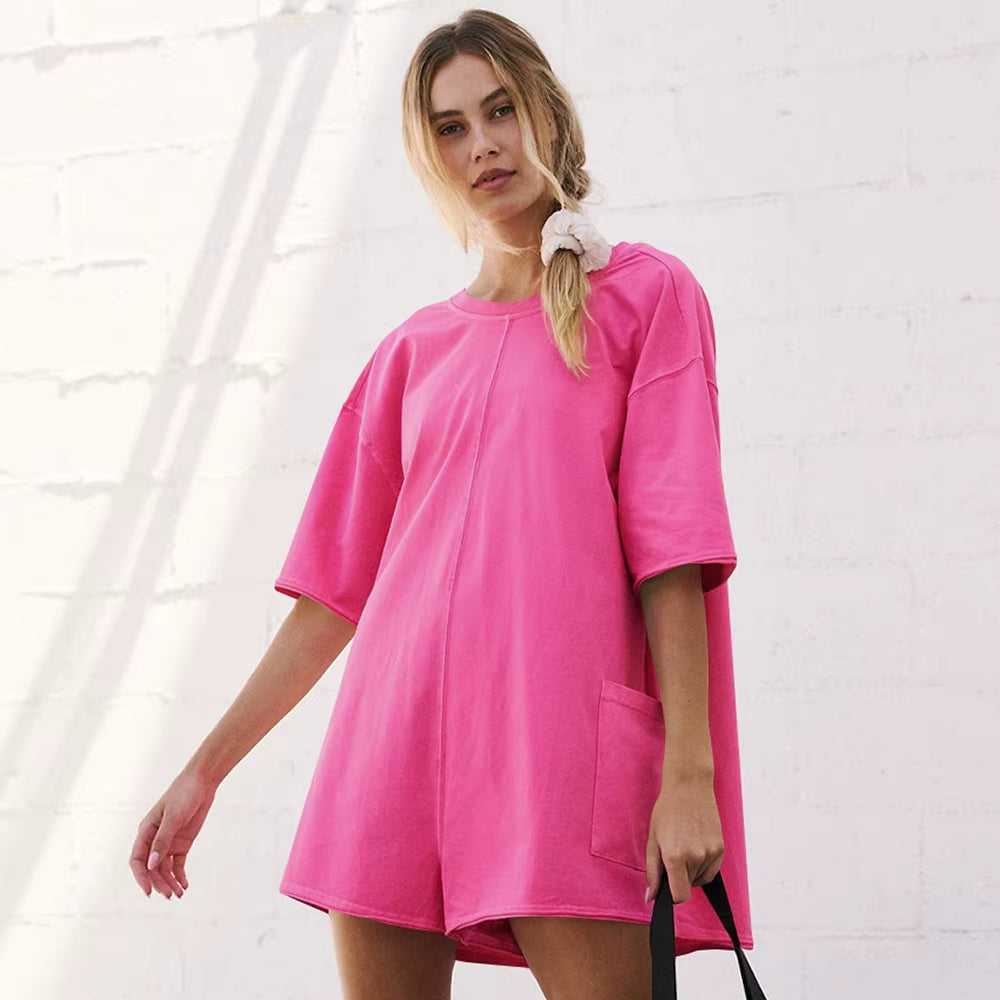 Women’s Oversized Hot Shot Tee Romper – Summer Casual Jumpsuit with Pockets